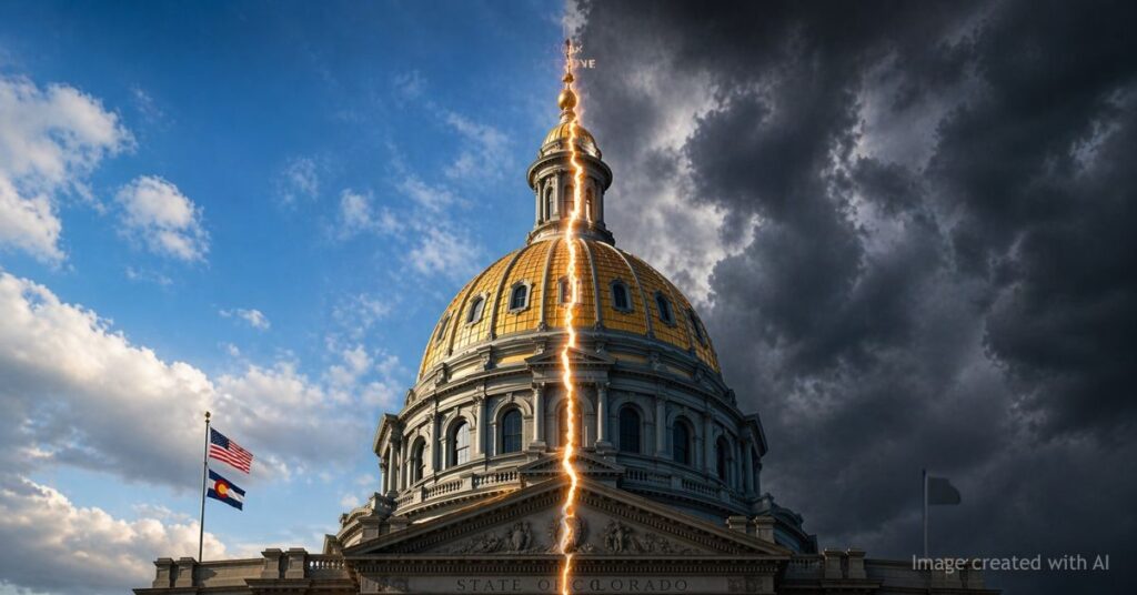 Split Colorado Capitol dome with contrasting light and storm tones symbolizing Democrat divide