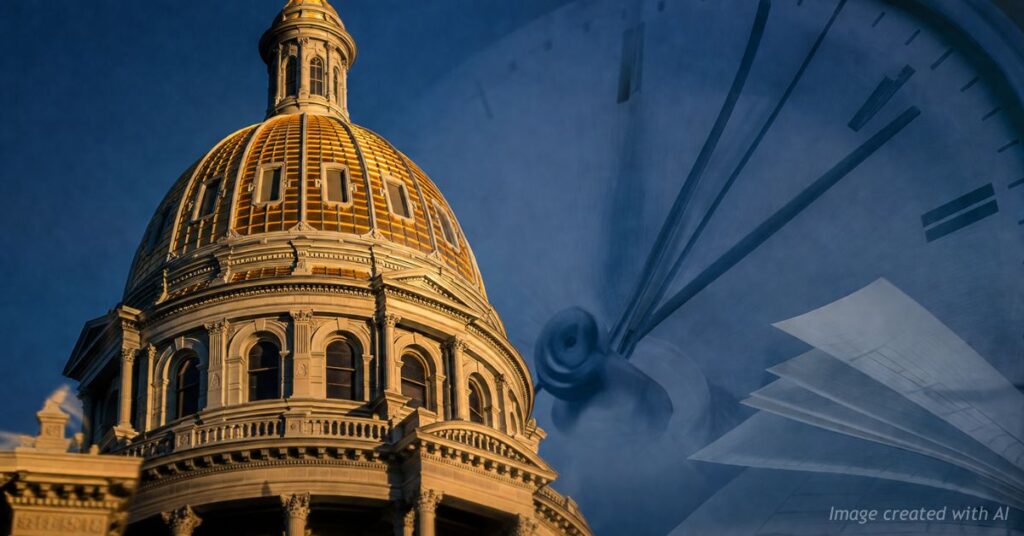Colorado Capitol dome at golden hour with time pressure imagery for SB24-205 May 13 legislative deadline.
