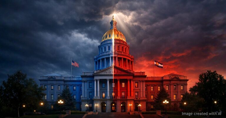 Colorado Capitol split in red and blue with safe margins symbolizing partisan budget divide
