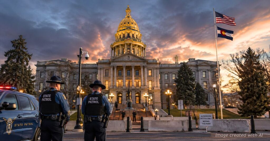 Colorado State Capitol with visible law enforcement presence at dusk