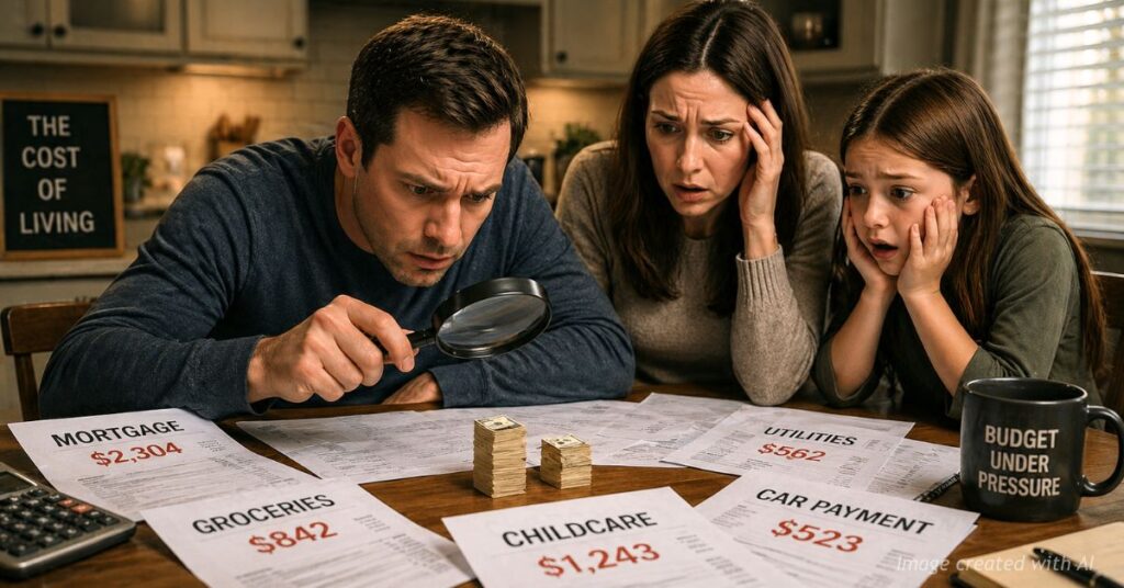Family reviews bills at kitchen table as tiny stacks of cash highlight shrinking buying power in Colorado