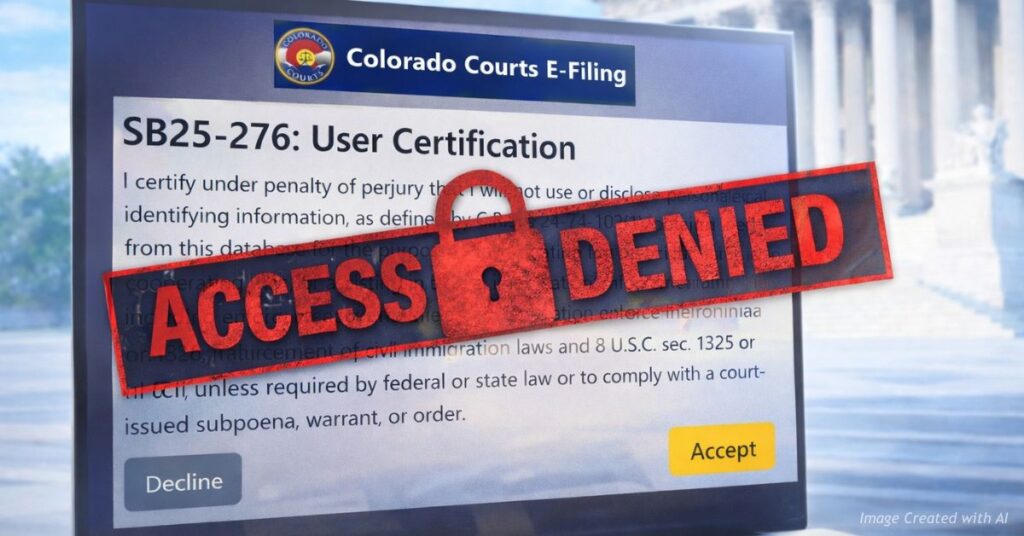 Colorado court e-filing certification screen with access denied warning overlay