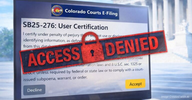 Colorado court e-filing certification screen with access denied warning overlay
