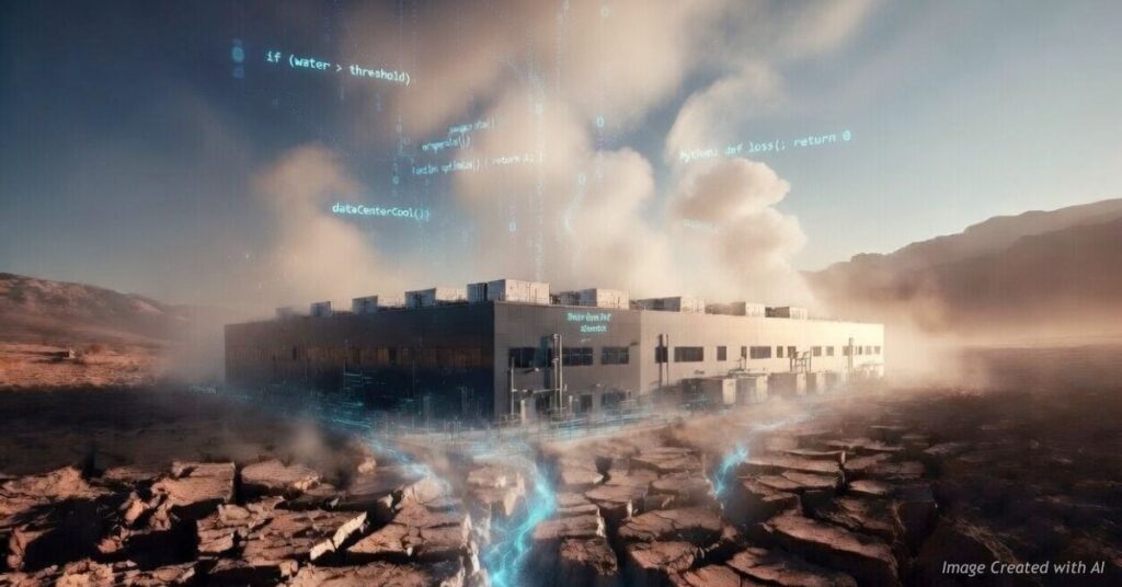 Data center building in a dry, cracked landscape with digital code overlay suggesting water use and AI infrastructure