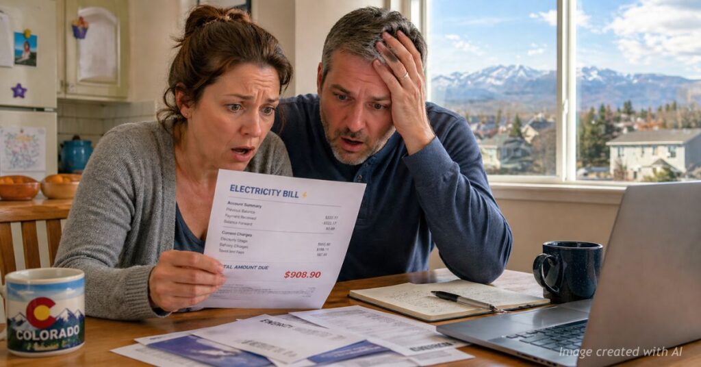 Couple reacts with shock to high electricity bill at kitchen table