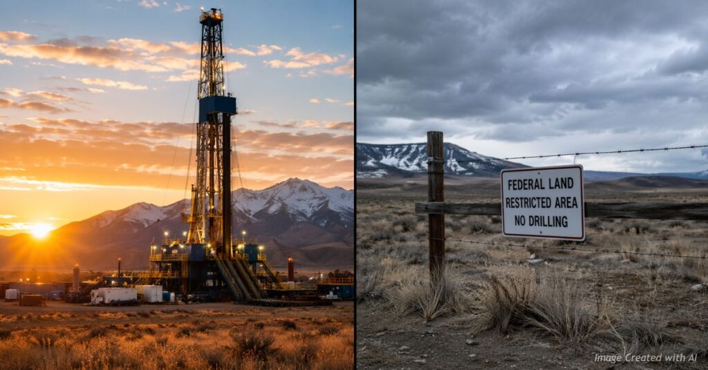 Split image showing an active oil drilling rig at sunset on one side and a restricted federal land area with a no-drilling sign on the other