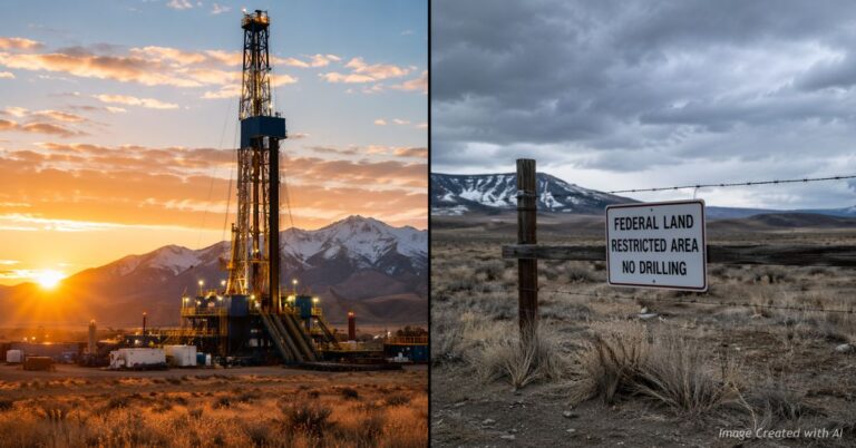 Split image showing an active oil drilling rig at sunset on one side and a restricted federal land area with a no-drilling sign on the other