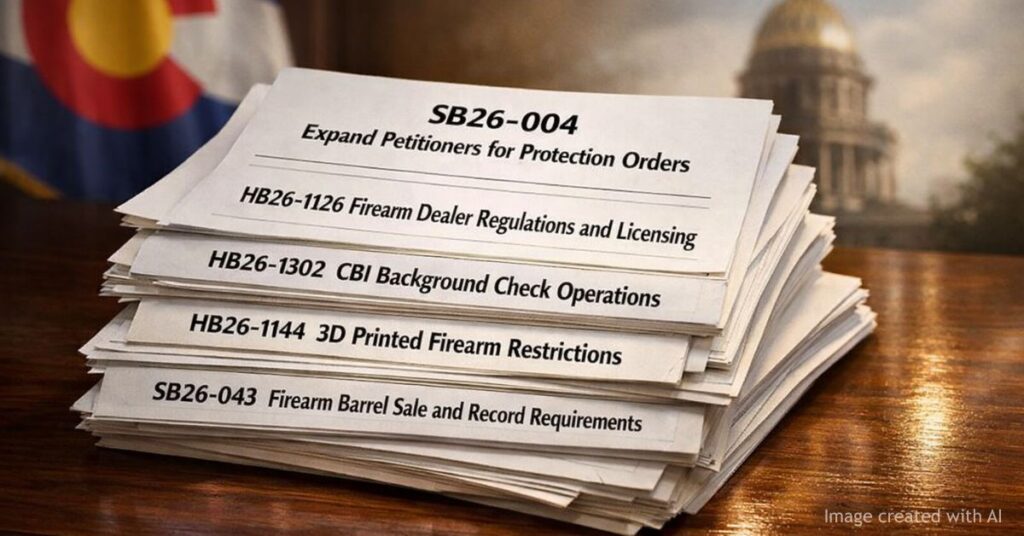 Stack of labeled Colorado firearm bills highlighting multiple proposed regulations