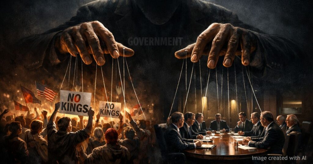 Shadowy figure controls protesters and officials like puppets