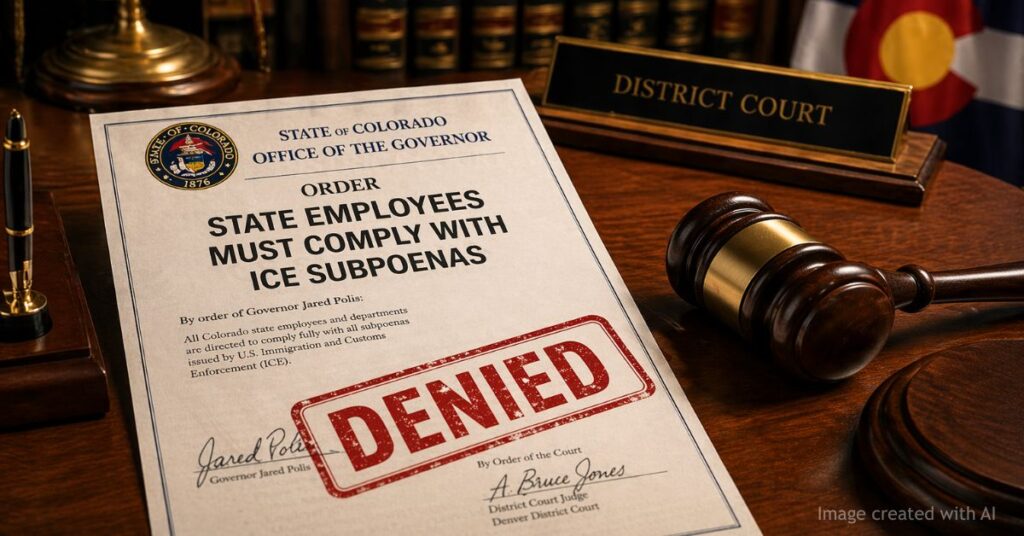 Colorado governor order on ICE subpoenas stamped denied with gavel on judge’s desk