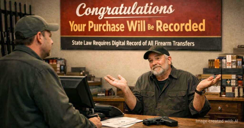 Gun store sale with sign stating purchases are recorded under state firearm transfer laws