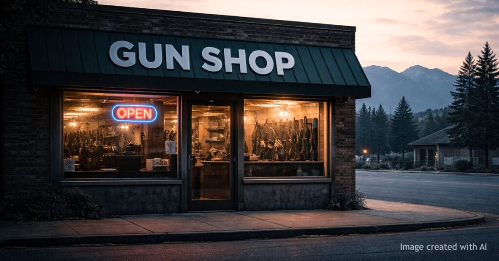 Dimly lit Colorado gun store exterior at dusk with empty street