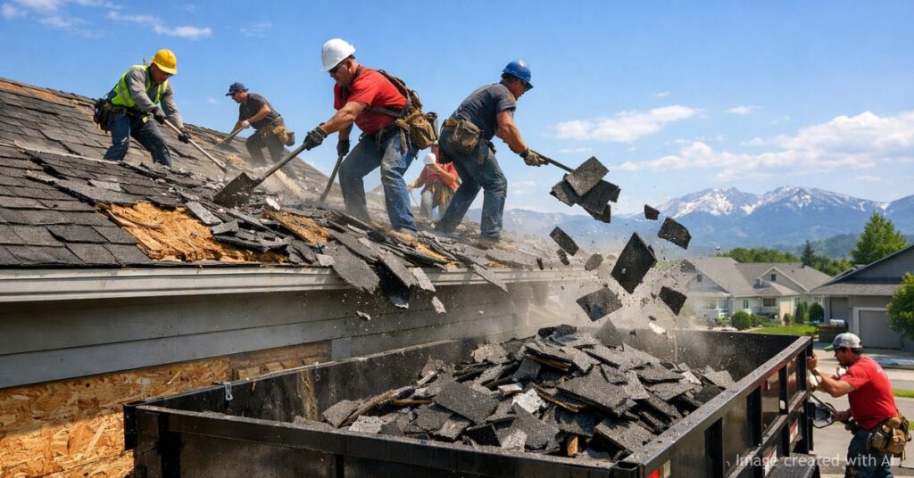 Roofing crew removes hail-damaged shingles into trailer at Colorado home