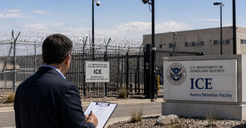 State inspector reviews ICE detention facility with visible federal signage in Colorado