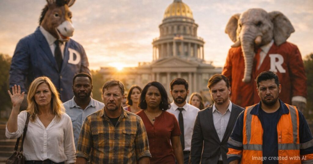 Diverse Colorado voters walk toward camera in frustration, leaving Democrat and Republican symbols behind at Capitol