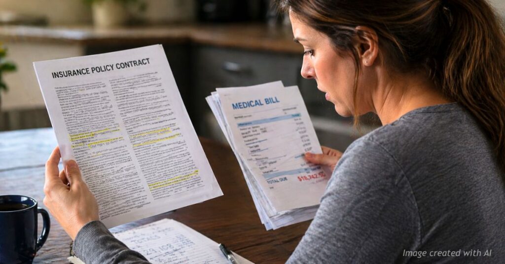 Woman reviews insurance policy contract and medical bills with concerned expression at home table
