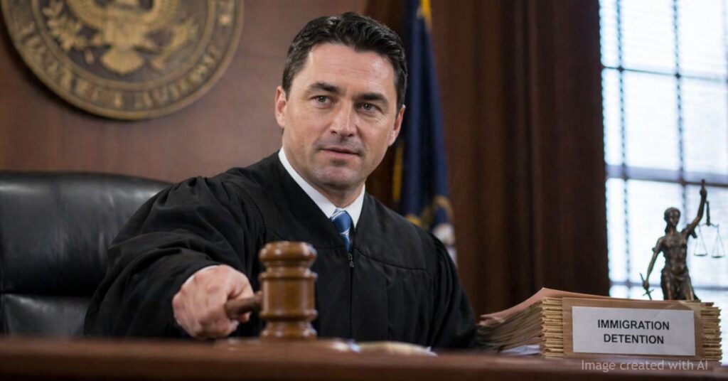 Federal judge in courtroom robe strikes gavel during immigration detention ruling