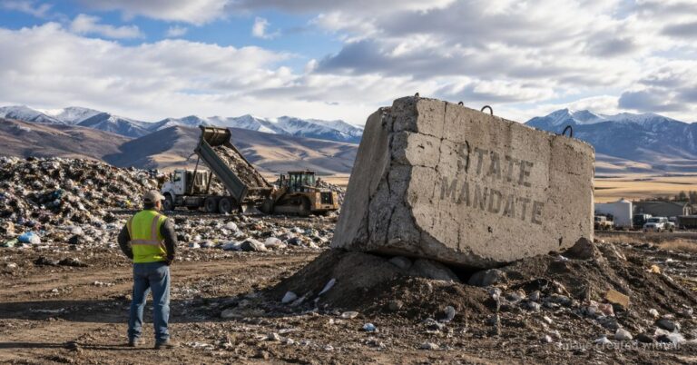 Colorado landfill worker facing heavy regulatory burden symbolized by concrete weight