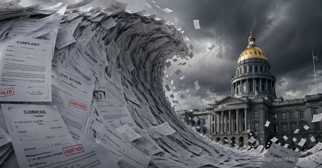 Wave of lawsuit filings crashing toward Colorado Capitol symbolizing legal surge