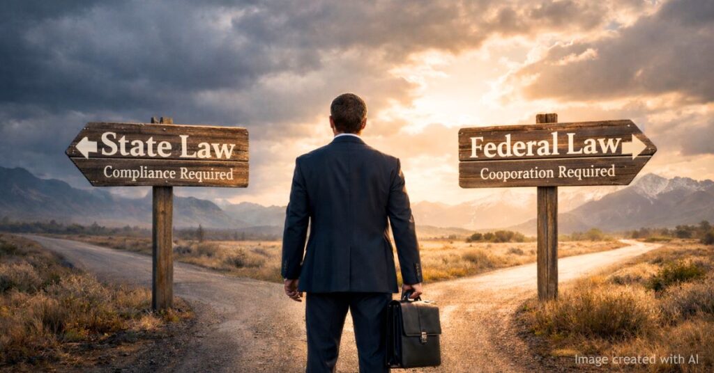 Attorney at crossroads choosing between state and federal law paths in Colorado