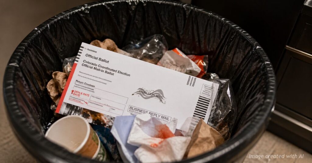 Colorado mail-in ballot discarded in trash can, symbolizing voter apathy ahead of midterm elections