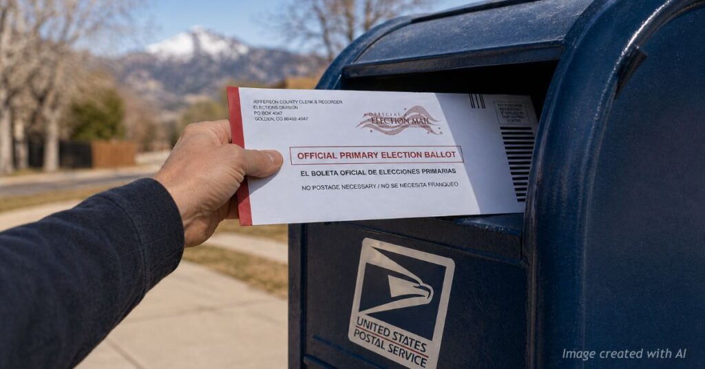 Hand placing Colorado primary election ballot into U.S. Postal Service mailbox in suburban neighborhood