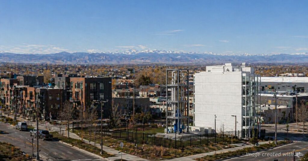 Small modular nuclear reactor in Colorado landscape with cloud-shaped question marks above