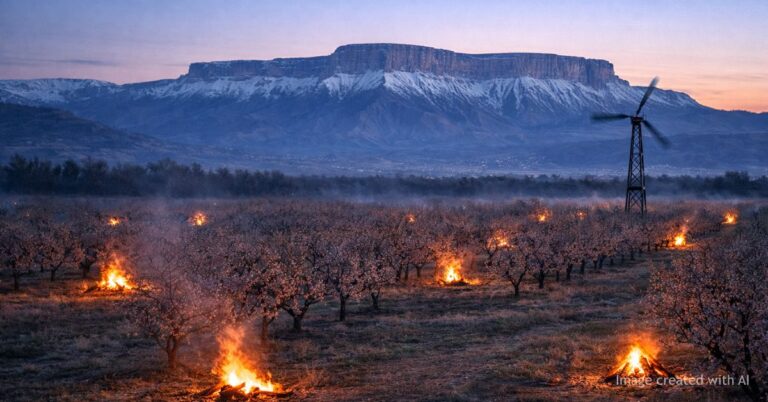 Small fires burn in a Colorado orchard at dawn with Grand Mesa and a wind machine in the background