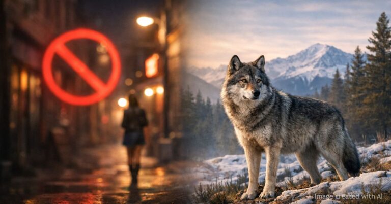 Split scene of urban street and gray wolf in Colorado landscape symbolizing policy divide