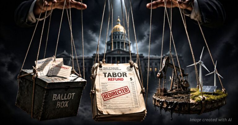 Puppet strings manipulate ballot box tax forms and energy symbols in dark political illustration
