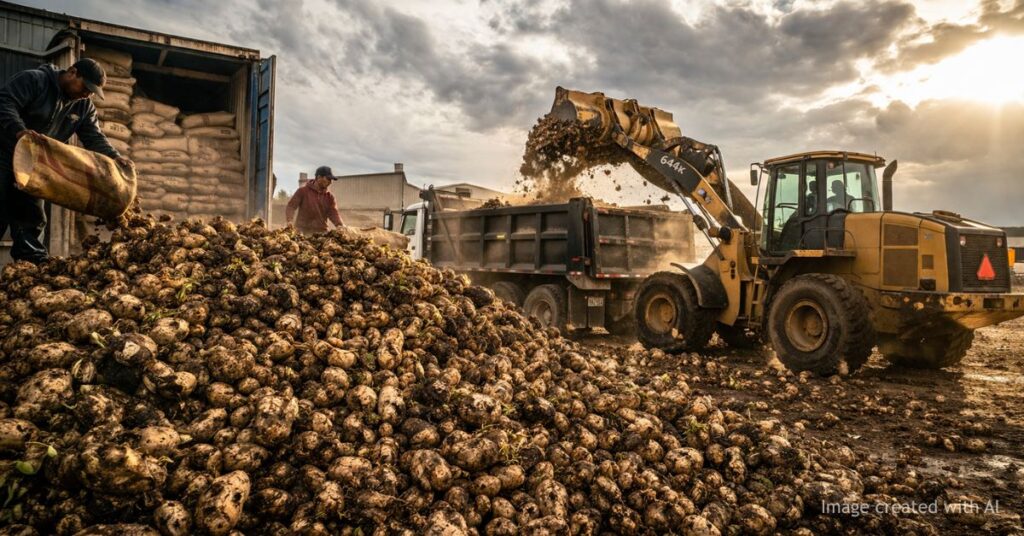 Workers dump spoiled potatoes into a massive pile as a loader fills a trailer in Colorado’s San Luis Valley