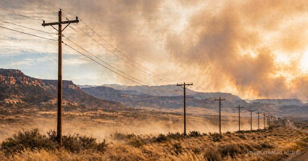 Power lines stretch across dry windy Colorado landscape under wildfire risk conditions