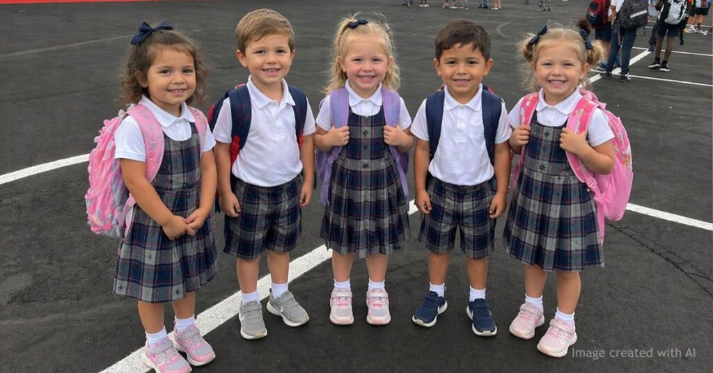 Preschool children in school uniforms standing outside a school building in Colorado