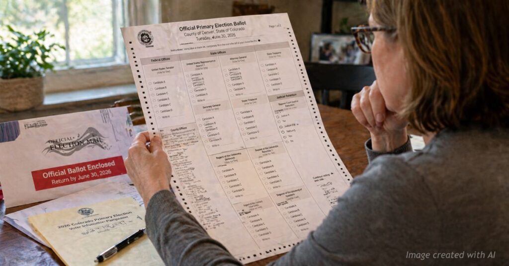 Colorado voter reviewing long primary ballot at home