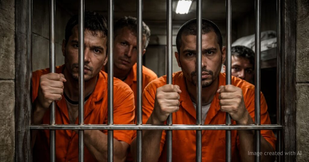 Four inmates in orange jumpsuits crowded in a two person prison cell gripping bars