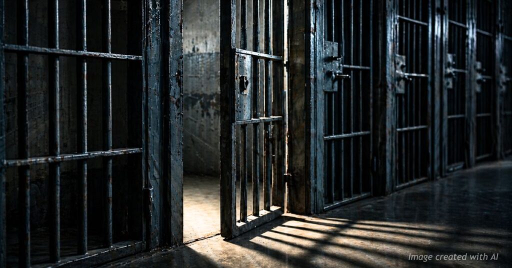 Prison cell door slightly open among locked bars symbolizing early release debate