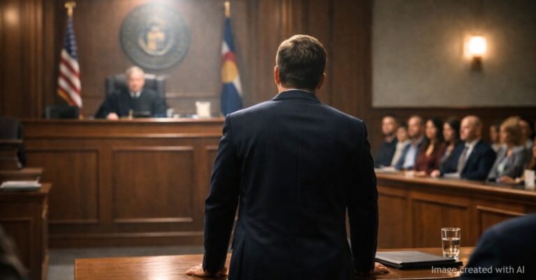 Prosecutor under spotlight in fully visible courtroom during accountability debate