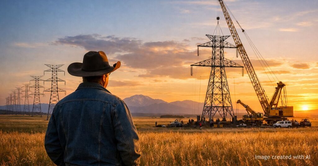 Rancher watches transmission lines cross rural Colorado land at sunset