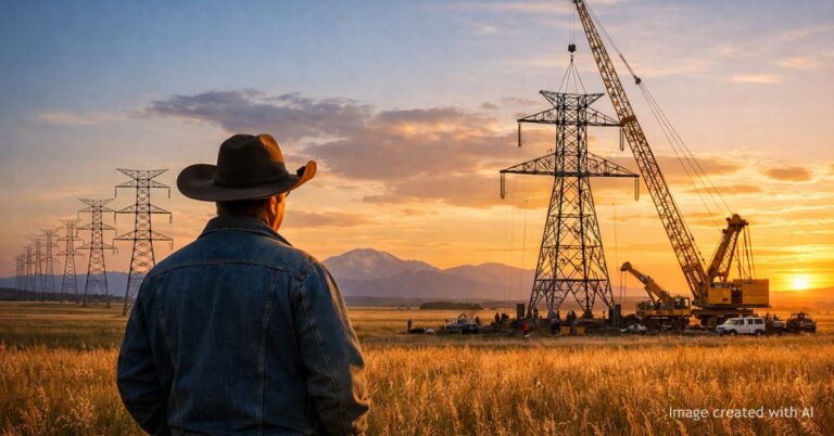 Rancher watches transmission lines cross rural Colorado land at sunset