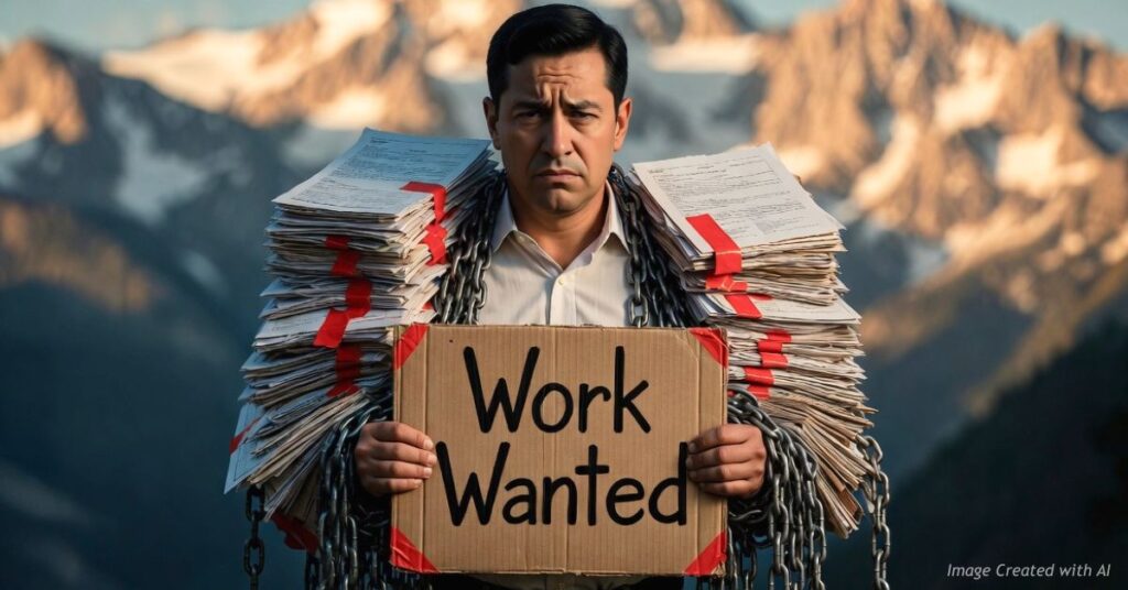 Man holding a “Work Wanted” sign while burdened with stacks of paperwork and chains, symbolizing regulatory pressure on jobs in Colorado