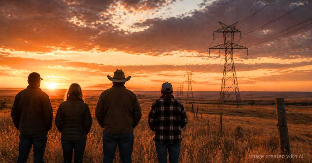 Rural residents look toward power lines at sunset on Colorado plains