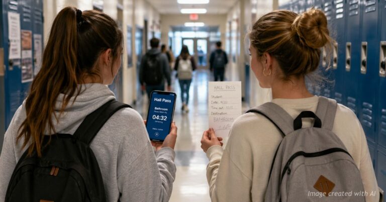 Two students walk through a school hallway holding digital and paper hall passes