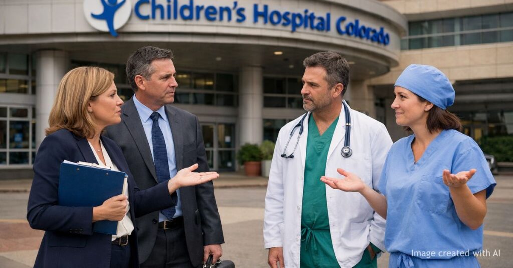 Hospital administrators and doctors discuss outside Children’s Hospital Colorado amid policy dispute