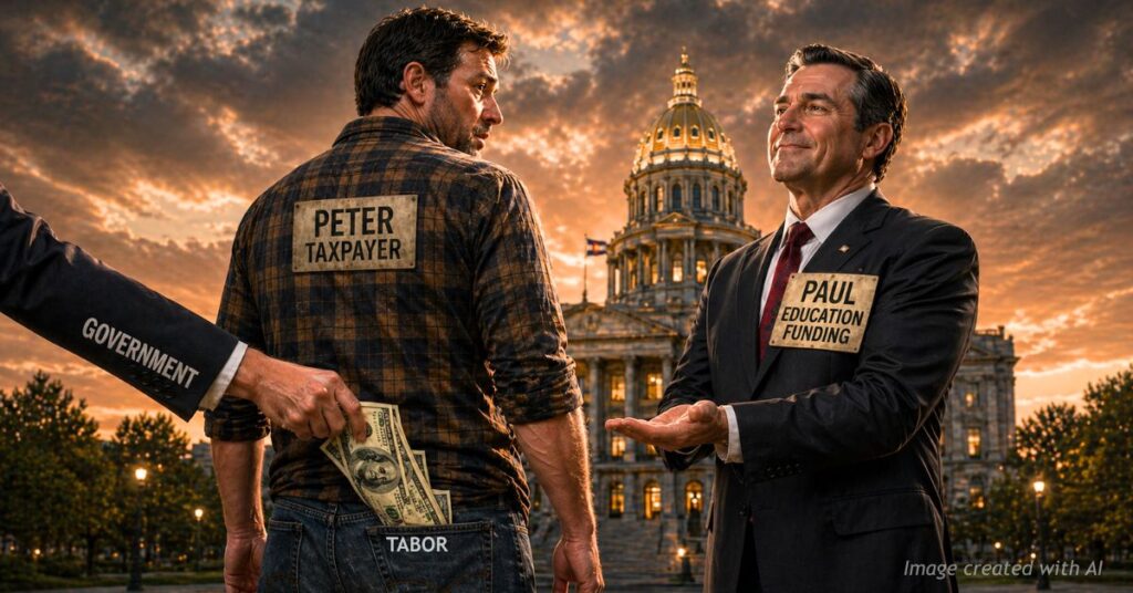 Government hand takes cash from taxpayer pocket as official receives funds near Colorado Capitol
