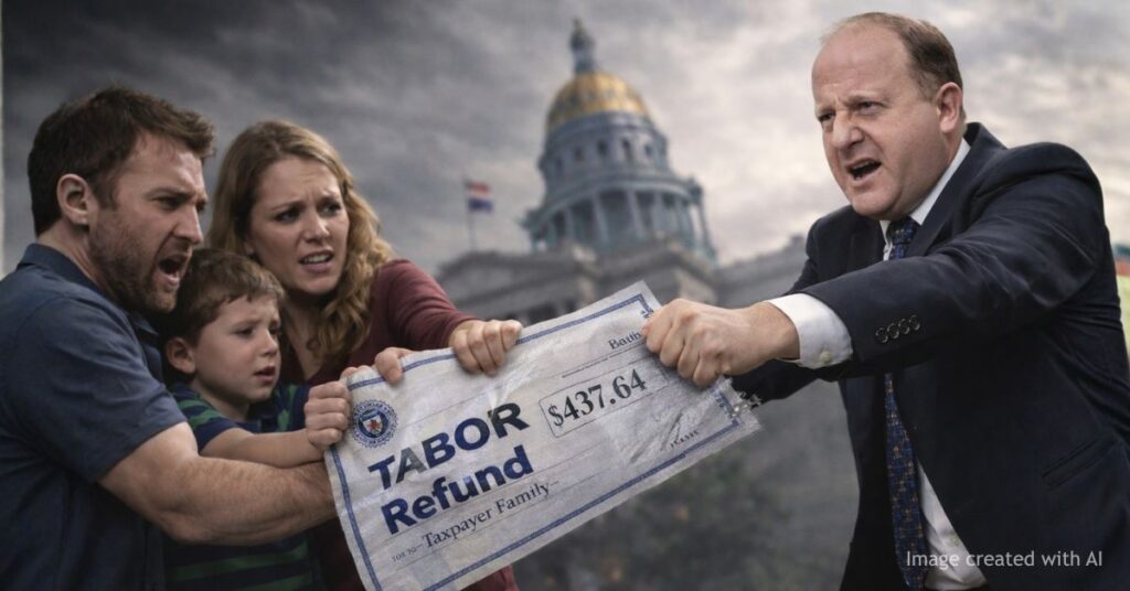 Family struggles to hold TABOR refund check as government figure pulls it away outside Colorado Capitol
