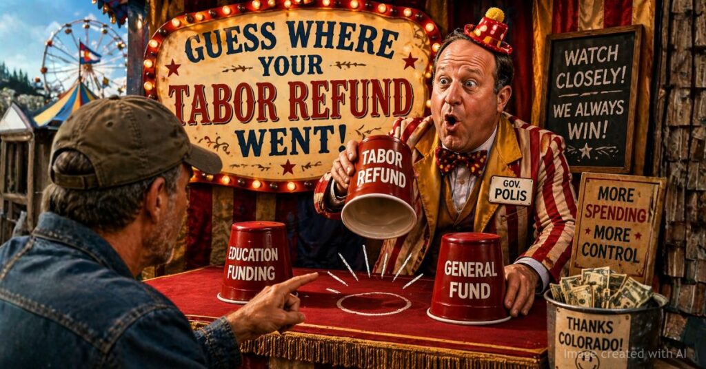 Satirical image of Gov Polis as carnival operator revealing empty TABOR refund cup in shell game