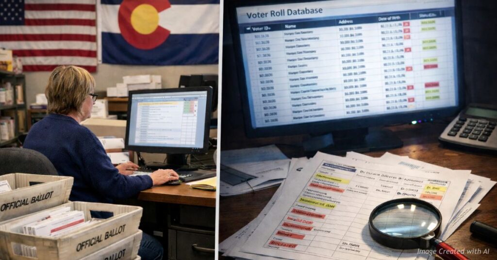 Split-screen of Colorado election office and voter roll audit imagery showing a clash over election integrity.