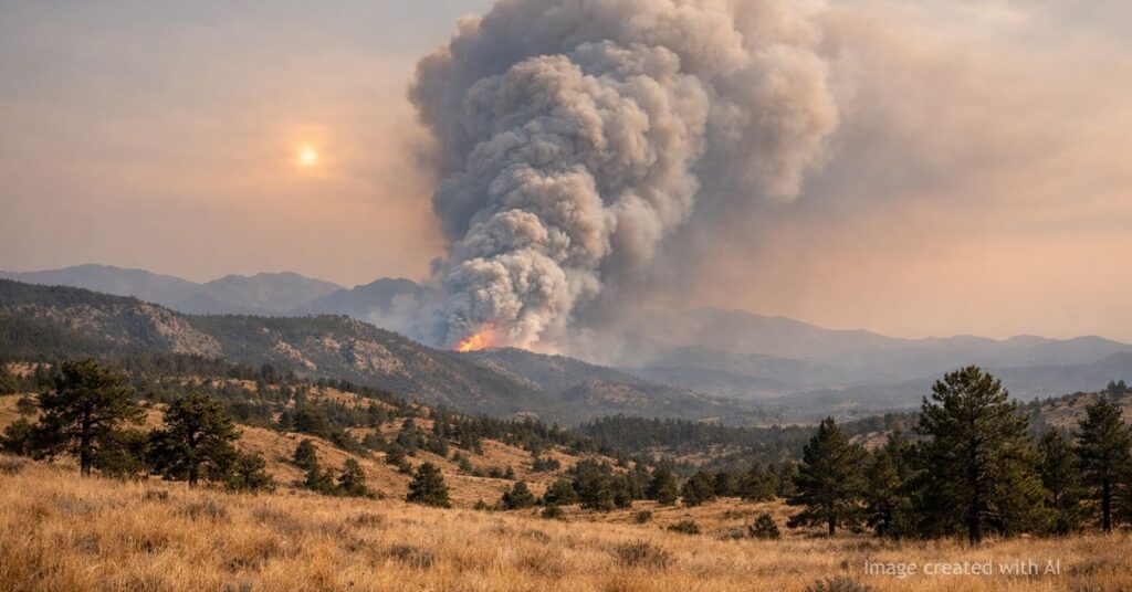 Smoke rising over drought-stricken Colorado foothills under hazy sky