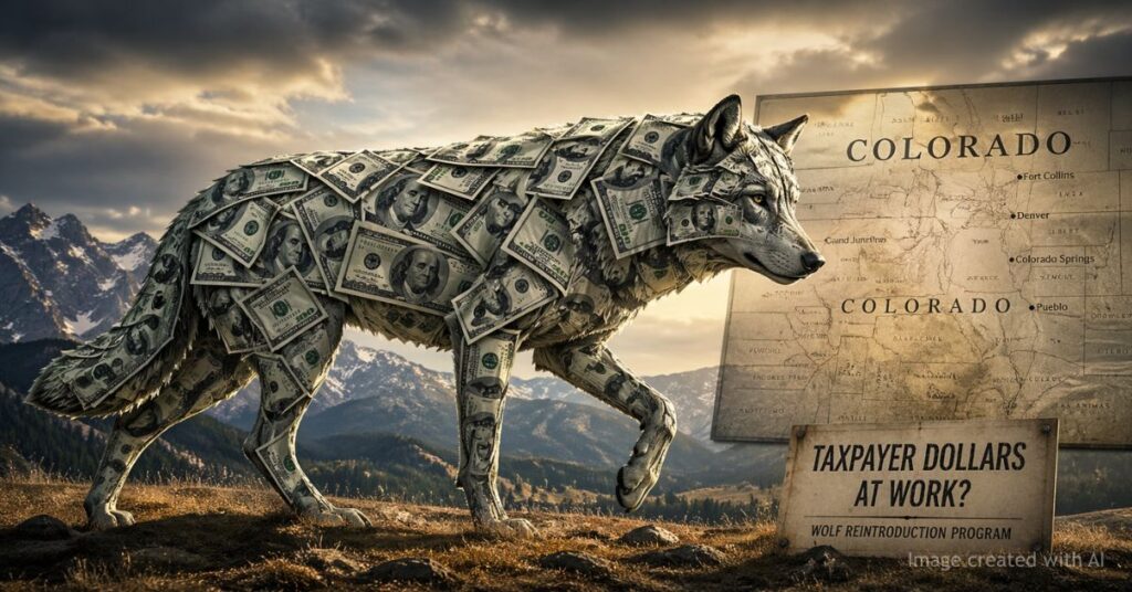 Dollar bills turning into wolf and Colorado map
