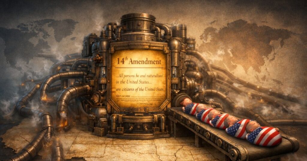 Illustration of a machine powered by the 14th Amendment producing symbolic American citizen babies